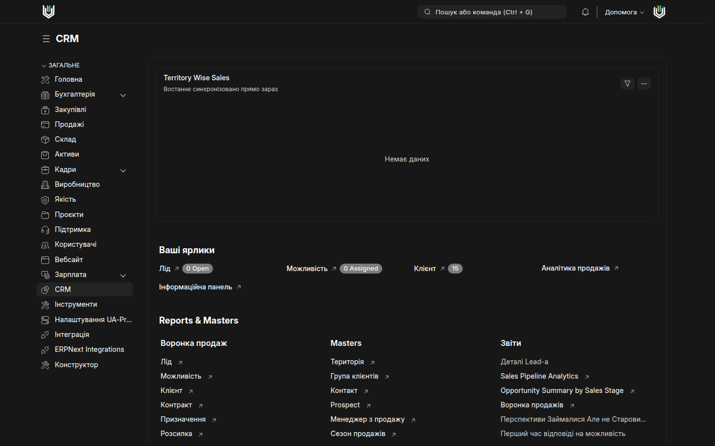 CRM workspace в ERPNext